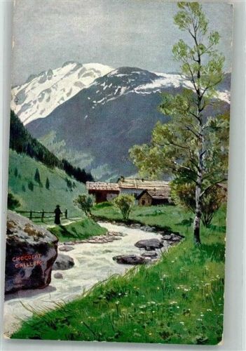 Werbung F.L. Cailler's Milch-Schokolade Wildbach und Almhütte im Hochgebirge