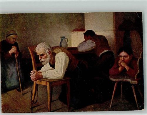 Bauernfamilie beim Abendgebet Künstlerkarte Karte stark beschnitten