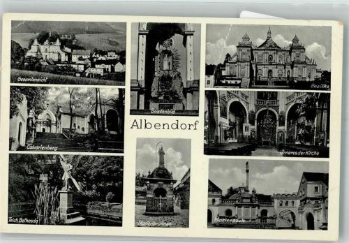 Albendorf 1940 Feldpost WK II Res.Laz. Altheide Kirche Basilika Mariensäule Marienbrunnen Calvarienberg