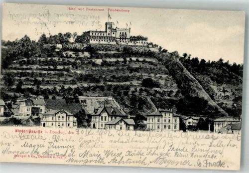 Niederlössnitz 1902 Panorama des Ortes mit Hotel Gasthaus Friedensburg Verlag Stengel & Co.