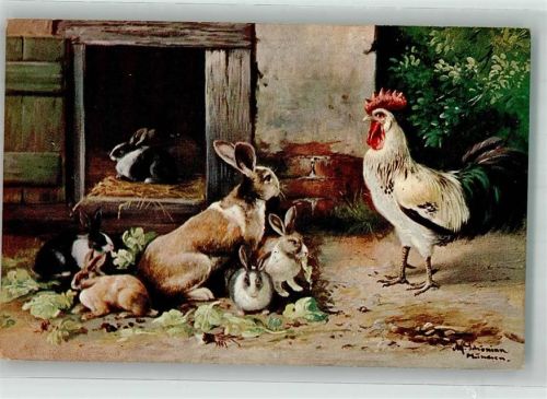 1911 Hahn mit einer Hasenfamilie