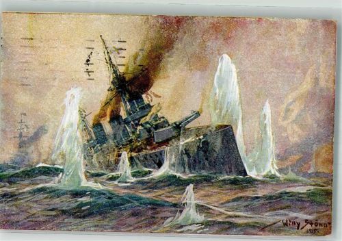 1915 Englischer Schlachtkreuzer im Salvenfeuer deutscher Kreuzer Kolonialkriegerdank Marine Feldpost WK I