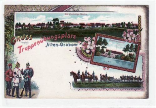 Altengrabow Lithographie vom Truppenübungsplatz Alten-Grabow mit Commandantur gehemalige Gloine, berittenen Soldaten und Soldaten gelaufen von 1914. Oxydationsspuren an den Rändern, sonst gut erhalten.