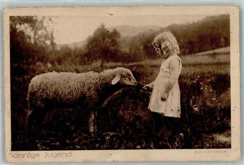 1917 Kleines Mädchen mit einem Schaf auf der Weide Fotograf Zimmerauer Wohlfahrtskarte Deutscher Verein für Kinder-Asyle