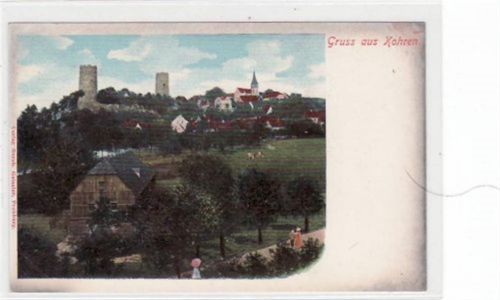 Kohren-Sahlis Kohren mit Gesamtansicht und Ruine. ungelaufen um 1900 Oxydationsspuren an den Rändern, sonst gut erhalten.
