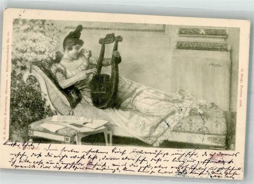 1901 sign. Muzzoli Junge Frau auf dem Kanapee mit einer Harfe Verlag Bayerle No. 18