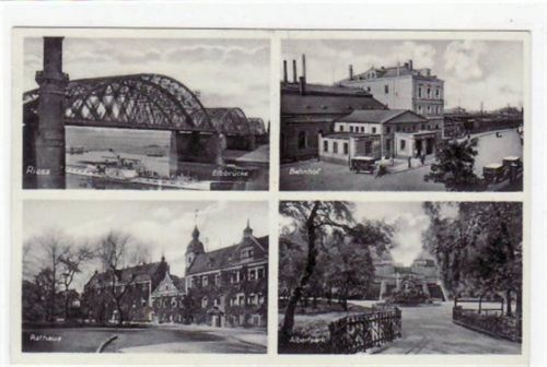 Riesa Riesa mit Bahnhof, Elbbrücke, Rathaus und Albertpark gelaufen von 1932. Gute Erhaltung.