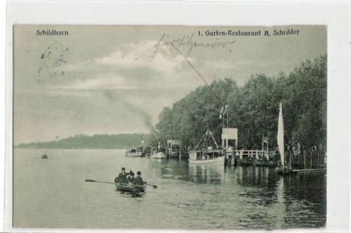 Berlin Wilmersdorf, Grunewald mit Gartenrestaurant Schildhorn gelaufen von ca. 1910. Leichte Stempelspuren, sonst gut erhalten