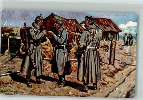 1916 sign. Lüschwitz-Koreffski Drei Waffenbrüder in einem serbischen Dorf WK I
