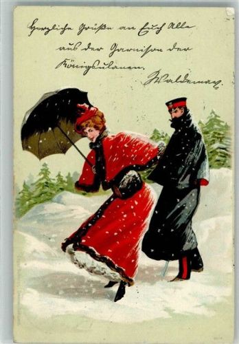 1900 Mann in Uniform und elegante Frau mit Muff in Winterlandschaft Adelskorrespondenz