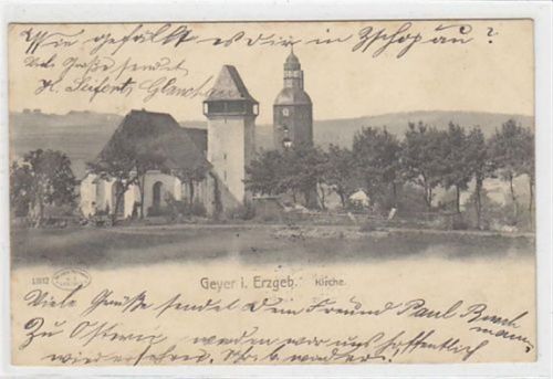 Geyer Geyer im Erzgebirge. Kirche gelaufen am 10.02.1904. Leichter Bug unten in der Mitte, Vorder- und Rückseite leicht stockfleckig, Albumabdrücke an den Ecken sonst gut erhalten