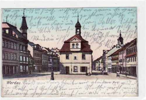 Werdau Werdau mit oberer Markt gelaufen von 1902. Leichter Bug oben links, leicht fleckig, sonst gut erhalten