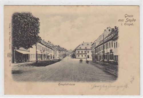 Sayda im Erzgebirge. Hauptstrasse gelaufen am 10.08.1903. Leicht stockfleckig, leichter Stempeldurchdruck, sonst gut erhalten.