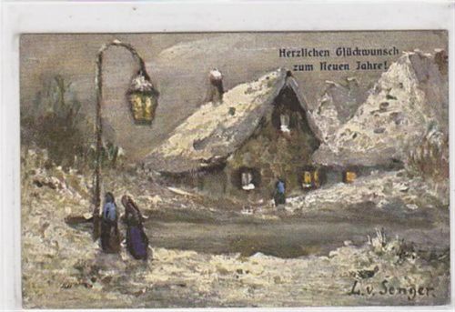 Fürstenfeldbruck Künstlerkarte Fürstenfeldbrucker Künstlerkolonie. Künstler L. v. Senger. ein einzelnes Haus mit Menschen im Winter vermutlich bei Fürstenfeldbruck. Neujahrskarte gelaufen. Gute Erhaltung.