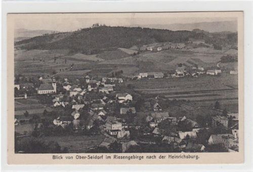 Blick von Ober-Seidorf / Sosnówka - Kreis Hirschberg / Jelenia Góra im Riesengebirge nach der Heinrichsburg gelaufen 1928. Gute Erhaltung.