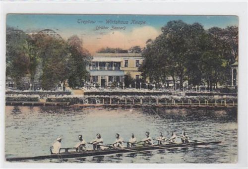 Berlin Treptow Wirtshaus Knape - früher Zenner Ruderboot. Postalisch gelaufen mit Stempel 1918, Marke entfernt, leichte Stempelspuren.