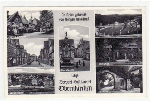 Obernkirchen, 7 Abbildungen mit Schwimmbad u. Villenviertel gelaufen, 1957 kleiner Knick oben links und rechts, sonst gut erhalten