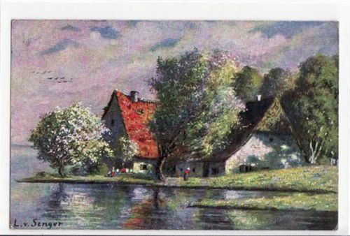 Fürstenfeldbruck Künstlerkarte Fürstenfeldbrucker Künstlerkolonie. Künstler L. v. Senger mit Häuser, Gewässer und Bäume. Vermutlich bei Fürstenfeldbruck gelaufen 1907. Ecke n leicht bestoßen, sonst gut erhalten
