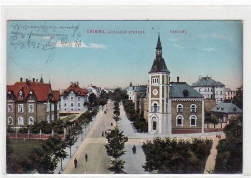 Grimma Grimma mit Leipziger Strasse und Postamt gelaufen von 1911. leichte Eckabschürfungen und Rändern, leichter Stempeldurchdruck, sonst gut erhalten.