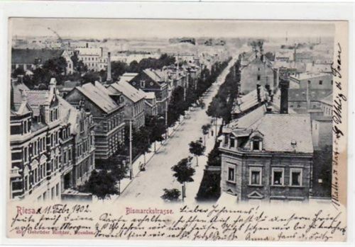 Riesa Riesa mit Bismarckstrasse gelaufen von 1902. Leichter Stempeldurchdruck, leicht fleckig, sonst gut erhalten.