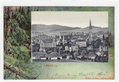 Löbau Löbau, Rahmenkarte mit Gesamtansicht gelaufen von 1905, Marke entfernt. Leichter Knick oben links, sonst gut erhalten.