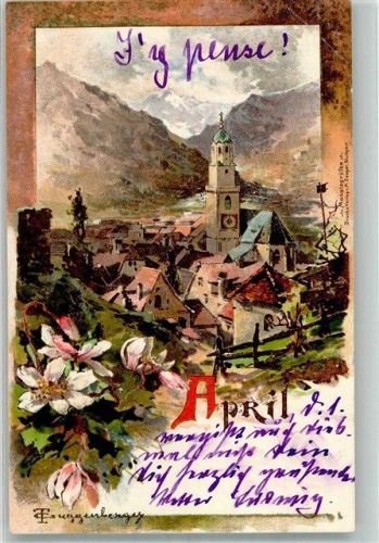 1900 Monat April Kirchdorf in Frühlingslandschaft Adelskorrespondenz