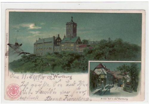 Wartburg Wartburg bei Eisenach i. Thür. Gesamtansicht Erste Hof in der Wartburg gelaufen 1902 leicht fleckig. Marke entfernt, sonst gut erhalten.