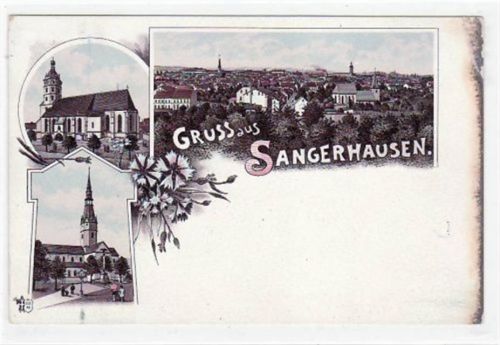 Sangerhausen Lithographie Gruß aus Sangerhausen mit Kirche, Ulrichskirche und Gesamtansicht. ungelaufen um1900 Oxydationsspuren rechter Rand, kleiner Knick oben rechts, sonst gut erhalten.