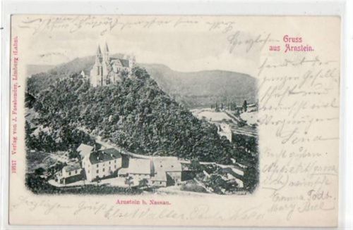 Obernhof Arnstein bei Nassau mit Burg gelaufen, Datum nicht lesbar. Ecken mit Albumabdrücken, leichter Stempeldurchdruck, sonst gut erhalten
