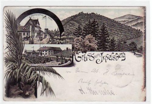 Lithographie Gruß vom Inselsberg Gothaisches Hotel, Inselsberg Preussischer Gasthof gelaufen von 1895. Oxydationsspuren rechter Rand, kleine Beschädigung unten rechts, leichte Eckabschürfungen, leicht fleckig, sonst gut erhalten.