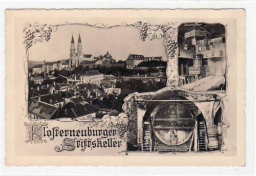 Fotokarte von Klosterneuburg. Gesamtansicht Riesenfass Konventstüberl im Stiftskeller. Ungelaufen. Leichter Bug oben mitte und rechts oben, 2 kleine Knicke rechts oben, sonst gut erhalten.