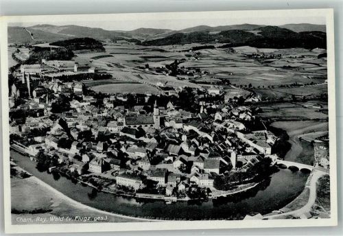 Cham 1938 Fliegeraufnahme des Ortes mit Stadtpfarrkirche St. Jakob