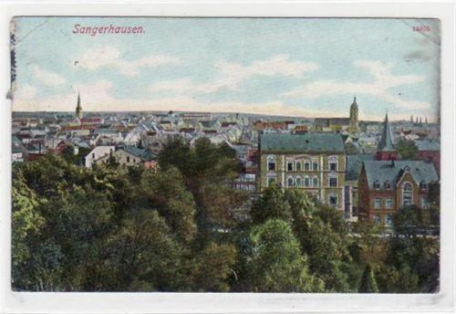 Sangerhausen Sangerhausen mit Totalansicht gelaufen und Bahnpoststempel. Datum nicht lesbar. Knick oben links und rechts, unten rechts, leicht stockfleckig, sonst gut erhalten.