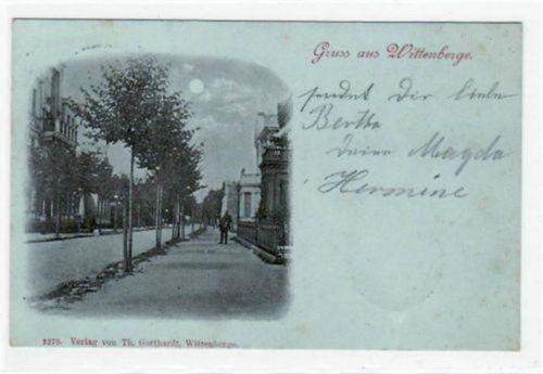 Mondscheinkarte Gruß aus Wittenberge mit Straßenpartie gelaufen von 1898 kleiner Knick oben links und unten rechts, leichter Stempeldurchdruck, leicht stockfleckig, sonst gut erhalten.