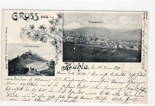 Kahla Kahla a.d. Saale mit Totalansicht und Leuchtenburg gelaufen von 1900. Leicht fleckig, sonst gut erhalten.