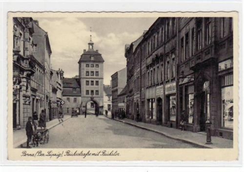Borna mit Reichsstraße und Hundekarren gelaufen von 1938. Gute Erhaltung.