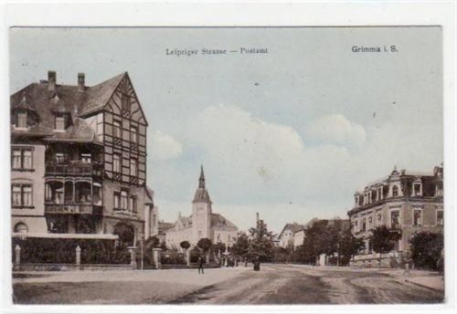 Grimma Grimma mit Leipziger Straße und Postamt gelaufen und Bahnpoststempel von 1911. Gute Erhaltung.