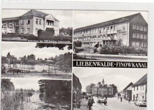 Fotokarte von Liebenwalde-Finowkanal. Kulturhaus des VEB Holzbau, Werner-Seelenbinder-Schule, Freibad am Mühlensee, Rathaus am Marktplatz. gelaufen 1982. Top Erhaltung.