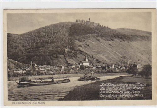 Klingenberg am Main. Gesamtansicht mit Text: Zu Klingenberg am Main... gelaufen am 02. Dezember 1931. Die Marke wurde teilweise entfernt, sonst gut erhalten