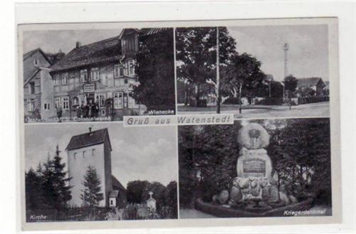 Watenstedt mit Gastwirtschaft u. Colonialwaren WienEcke u. Kirche gelaufen, ca. 1938. Gute Erhaltung.