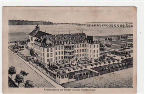 München, Nymphenburg, Künstlerkarte mit Krankenanstalt des Dritten Ordens gelaufen, Marke entfernt, handschriftliches Datum von 1921. leichte Eckabschürfungen, leichter Bug unten links, leicht stockfleckig, sonst gut erhalten