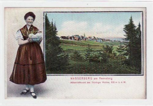 Masserberg mit Gesamtansicht und Thüringerin gelaufen von 1907. Oxydationsspuren rechter Rand, kleiner Knick unten rechts, sonst gut erhalten.