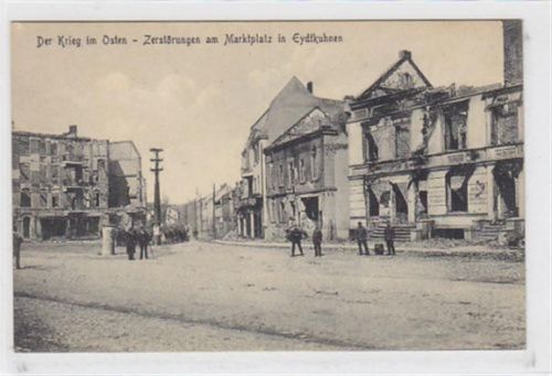Ebenrode Der Krieg im Osten. Zerstörungen am Marktplatz in Eydtkuhnen / Eydtkau - Tschernyschewskoje Kreis Ebenrode / Stallupönen - Stolupiany. 1918 Feldpost Gute Erhaltung.