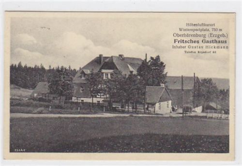 Oberbärenburg im Erzgebirge. Fritsches Gasthaus. Inh. Gustav Hickmann gelaufen am 24.6.1928 kleiner Knick unten rechts, sonst gut erhalten.