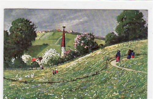 Fürstenfeldbruck Künstlerkarte Fürstenfeldbrucker Künstlerkolonie. Künstler L. v. Senger. Landschaftsaufnahme mit Kirche, Häuser und Personen gelaufen 1913. Gute Erhaltung.