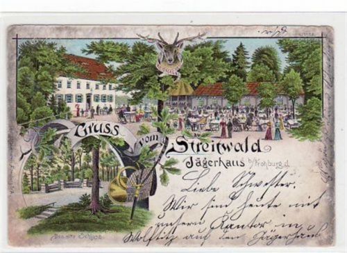 Frohburg Streitwald bei Frohburg, Lithographie Jägerhaus altes Schloss gelaufen von 1900, Marke entfernt, dort Abschürfungen. Oxydationsspuren an den Rändern, kleiner Knick oben links und rechts, sonst gut erhalten.