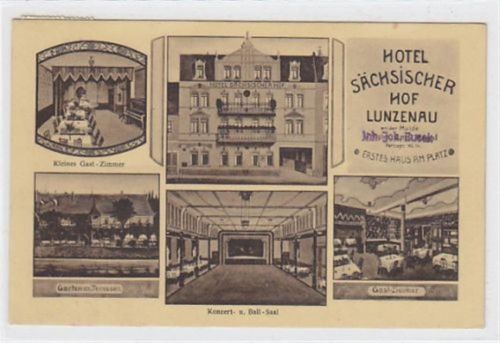 Lunzenau. Außenansicht vom Hotel Sächsischer Hof kleine Gast - Zimmer Garten mit Terassen Konzert- und Ball - Saal, Gast - Zimmer gelaufen am 15.01.1934. Gute Erhaltung.
