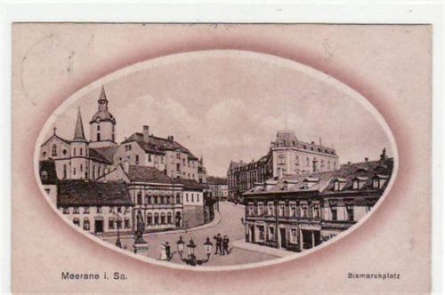 Meerane Meerane, Passepartoutkarte mit Bismarckplatz gelaufen von 1924. Leichter Stempeldurchdruck, leicht fleckig, sonst gut erhalten