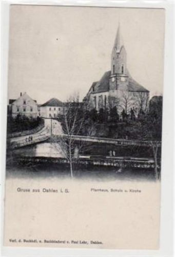 Dahlen Dahlen mit Pfarrhaus, Kirche und Schule ungelaufen Starke Anhaftung Rückseite am Rand unten, sonst gut erhalten.