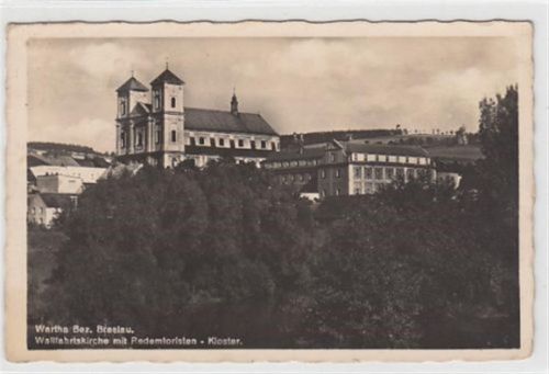 Wartha Wartha Bez. Breslau / Bardo - Kreis Frankenstein / Zabkowice Slaskie. Wallfahrtskirche Redemtoristen-Kloster. 1944 Feldpost Vorder- und Rückseite leicht fleckig, sonst gut erhalten